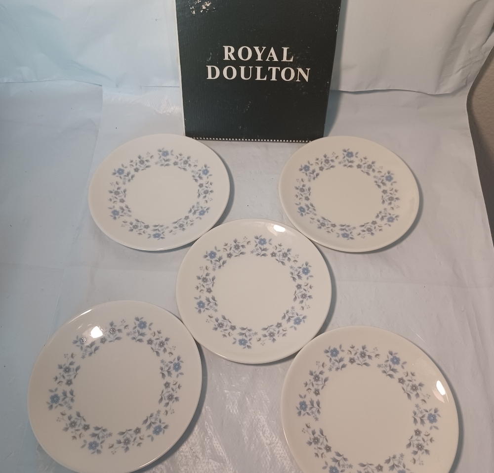 Vintage Royal Doulton Galaxy Blue & White Floral Bread Plates - Set Of 5